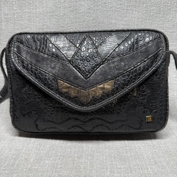 Vintage Black Faux Reptile Leather Crossbody Bag Small Western Boho‎ Y2K - Image 2
