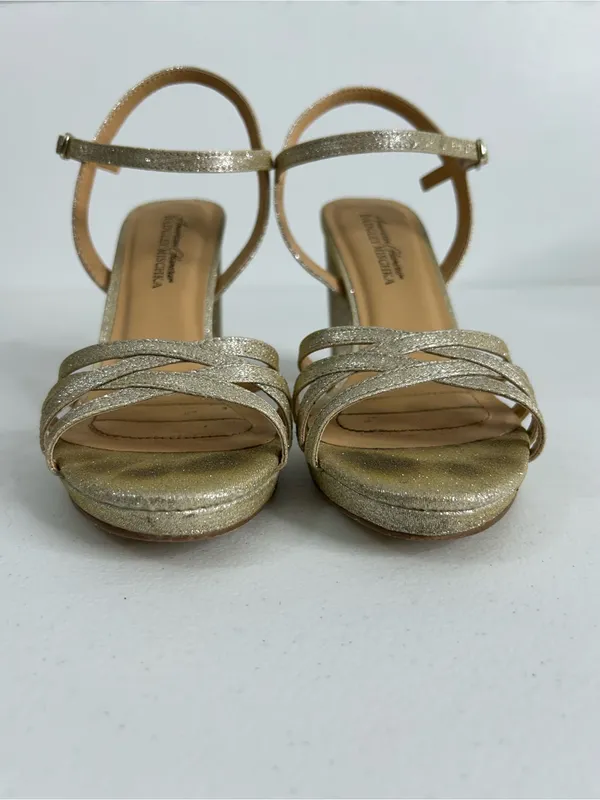 Badgley Mischka American Glamour Xandra Block Heels Champagne Glitter Size 8.5 - Image 3