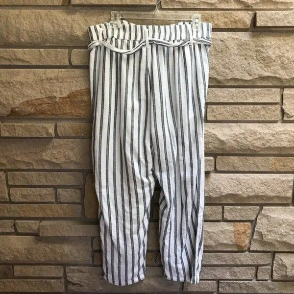American Eagle Straight Leg Belted Elastic Waist Pants White Blue Stripe Large - Image 3