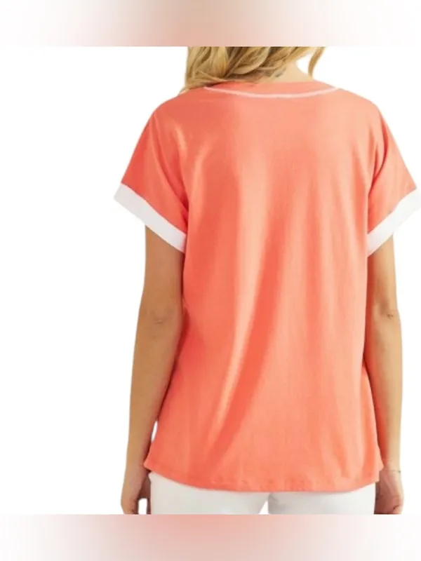 Yelete 100% cotton coral contrast crewneck tee. Size Medium - Image 4