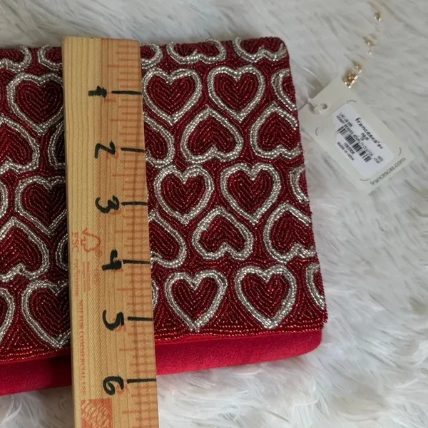 Francesca Red Beaded Heart Clutch Evening Bag Gold Chain Shoulder Strap NWT - Image 8