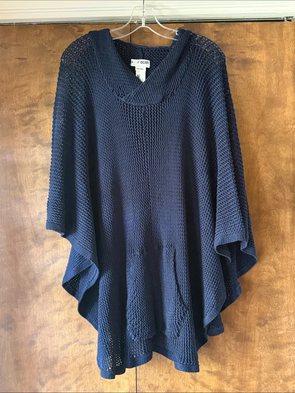 L’ogan Navy Blue Open Knit Oversized Poncho Sweater V Neck. Size One Size - Image 3