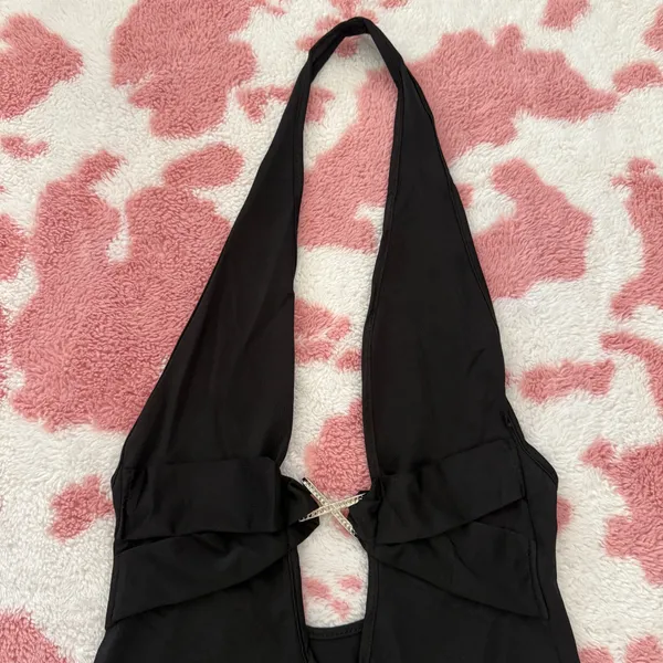 Black Backless Halter Top with Silver Clasp – Y2K Deep Plunge Longline Going Out Top Small 🔥 - Image 2