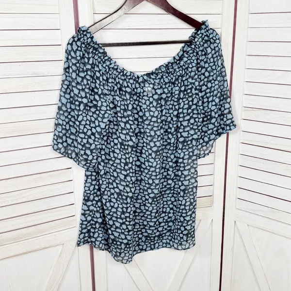 Moda International Printed Beaded Sheer‎ Peasant Blouse Blue Black Medium - Image 8