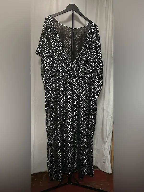 Swimsuits For All Black & Silver Polka Dot V-Neck Swim Coverup with Self Tie - Image 2