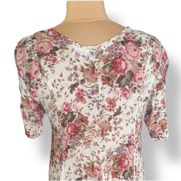 Vintage Floral Rayon Maxi Dress‎ Cream Pink Cottagecore Romantic Boho Medium - Image 7