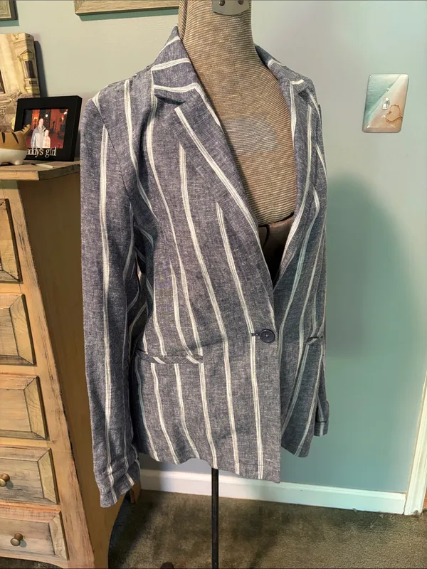 DREW Blue and White Striped Linen Single Breasted Jacket - Image 2