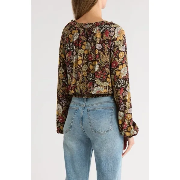 DR2 by Daniel Rainn Black Blouse Sz XL Multi Floral Metallic Gold Tie Front Boho - Image 2