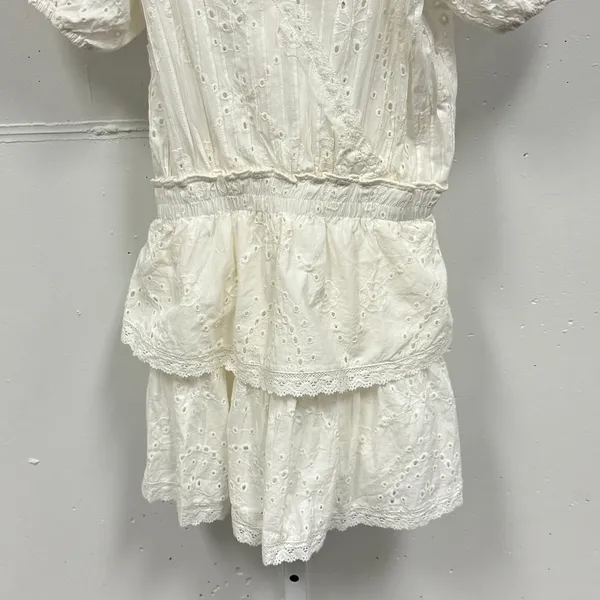 Sky to Moon Eyelet Lace Mini Dress Puff Sleeve Smocked Waist‎ Small White Boho - Image 6