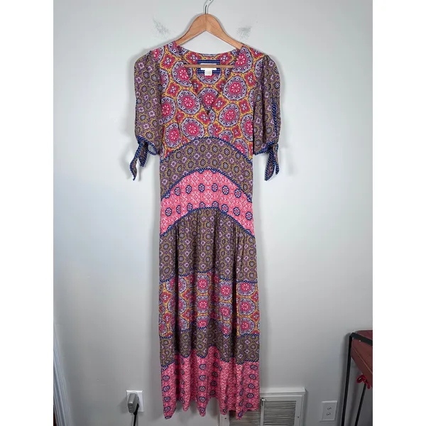 Maeve Anthropologie Eder Tiered Maxi Dress Womens 4 Medallion Boho Puff Sleeve - Image 2