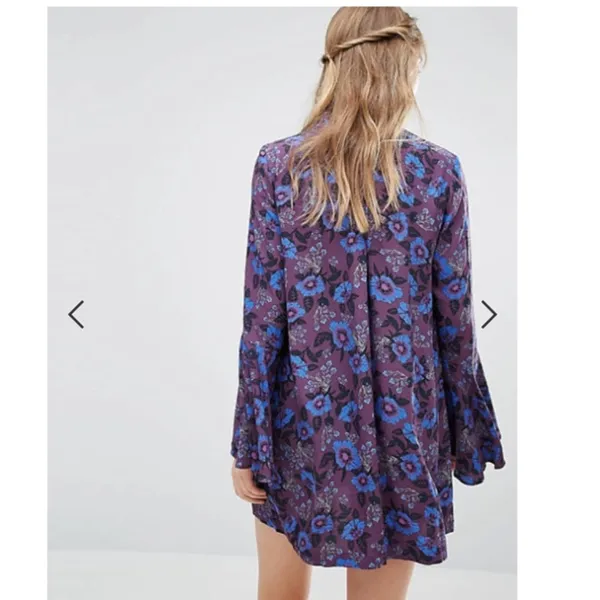 Free People Wine Purple Blue Boho Floral Mystery Bell Sleeve Tunic Blouse - Image 3