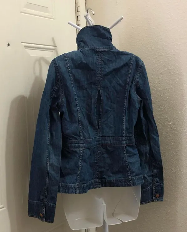 Y2K Vintage Grunge Fitted Navy Blue denim jean military cargo utility harajuku jacket shirt Top Blazer long sleeve button front-S - Image 4