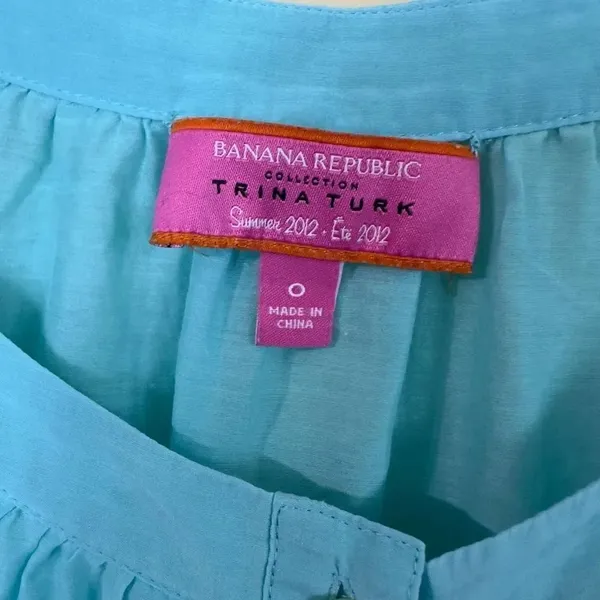 Trina Turk For Banana Republic Turquoise Silk Cotton Blue Blouse Size 0 - Image 3