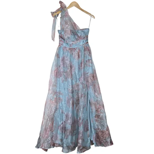 Lulus Blue Pink Dramatically Lovely Floral One-Shoulder Maxi Dress Organza S NWT - Image 3