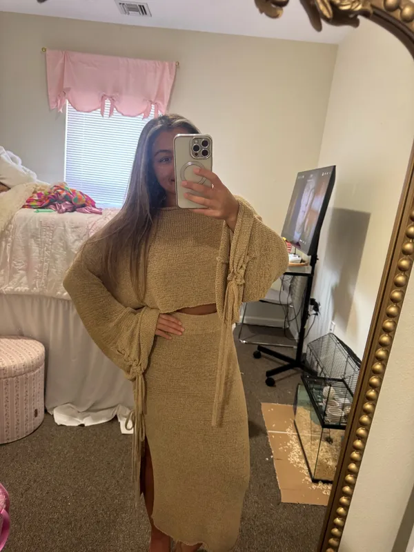 Beige Knit Midi Set - Neutral Ribbed Design - Image 3