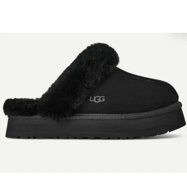 UGG Disquette Black Suede Platform Sheepskin Slippers Womens 9 - Image 3