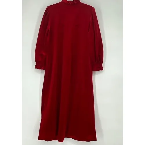 Vintage Red Velour Nightgown‎ Women Medium Quilted Ruffle Zip Long Sleeve Appel - Image 8