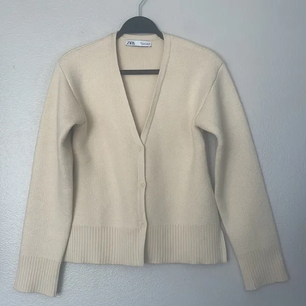Zara Knit Ribbed Boxy Cardigan Jacket Cream Size Small - Image 4