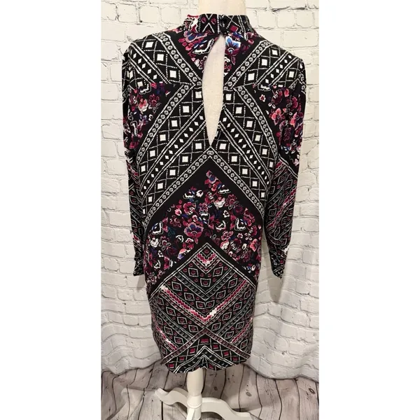 EXPRESS Rayon Long Sleeve Dress Keyhole Front Back Floral Black Purple Pink L - Image 5