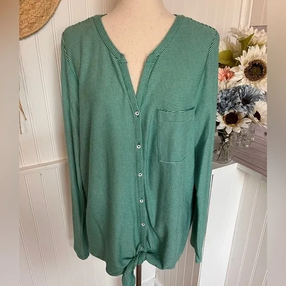 Green White Stripes Long Sleeve Shirt St John’s Bay - Image 4