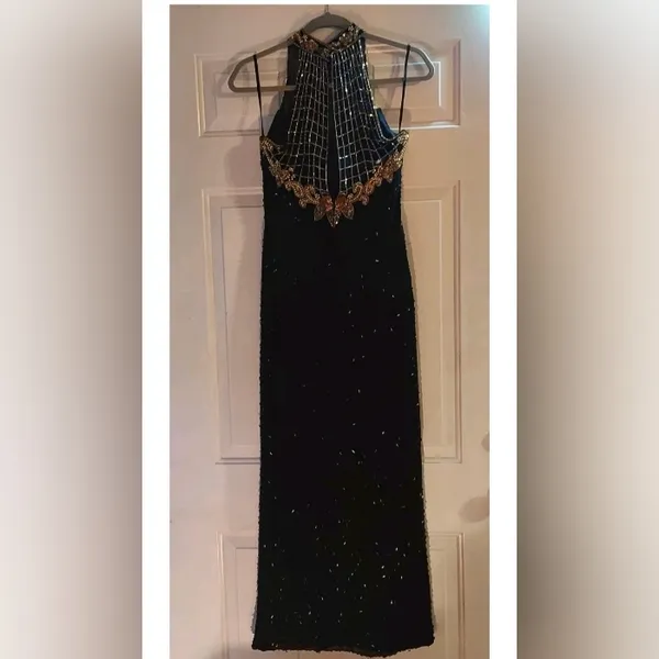 Ted LapidusBlack and Gold Strapless High Neck All Over Beaded Evening Gown Dress - Image 6