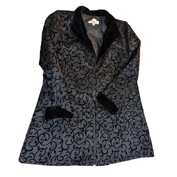 Victorian Gothic Patra Black Flocked Velvet Scroll Evening Coat‎ Sz M Witchy - Image 6