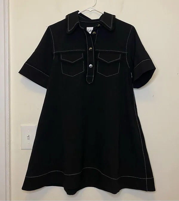 GANNI NEW Sable Topstitch Crepe Swing Button Front Mini Dress Black Sz 36 SNAGS - Image 4