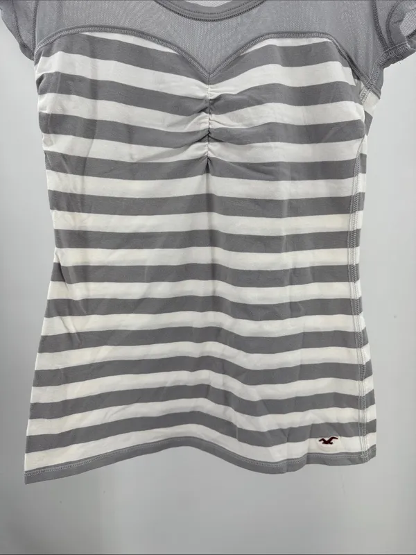 Hollister White Gray Striped mesh fitted Women’s Top rockabilly punk L going out - Image 7