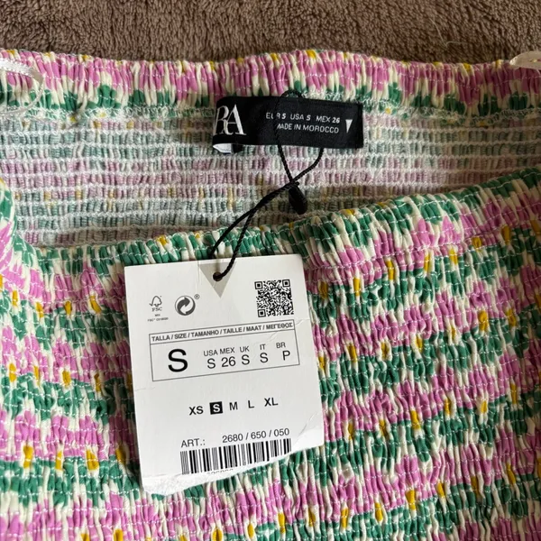 Zara Floral Smocked Mini Skirt Pink Green Ruffle Hem Small NWT - Image 2