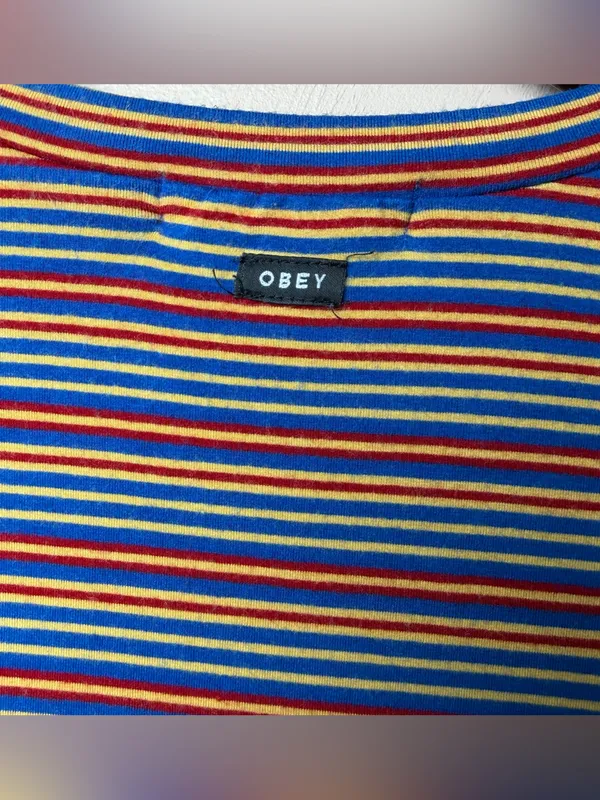 Obey Worldwide Striped Midi Shirt Dress Blue Red Yellow Logo Tee Dress Sz Small - Image 5