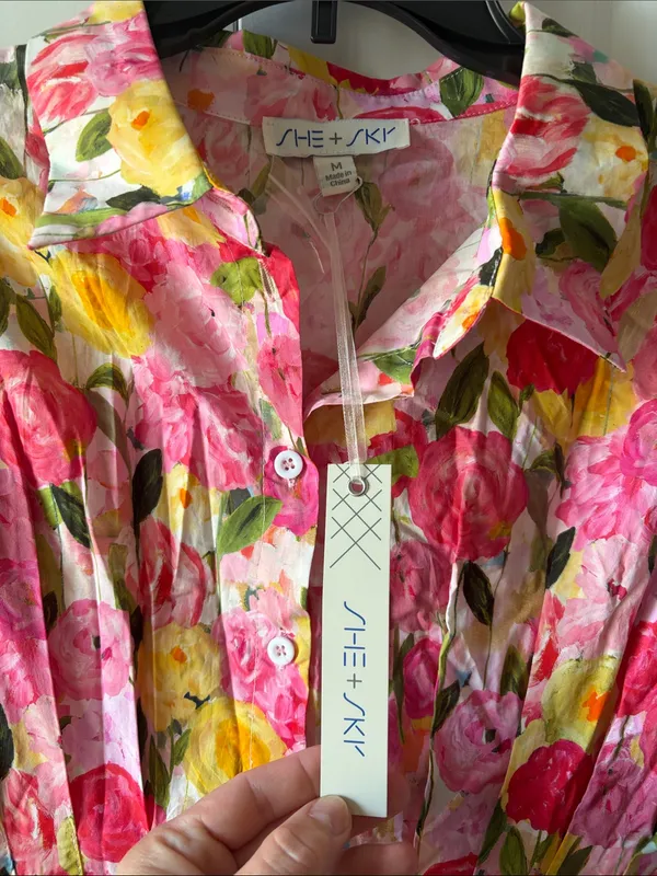 She + Sky Pink and Yellow Floral Button-Front Dress Size Medium New with Tags - Image 2