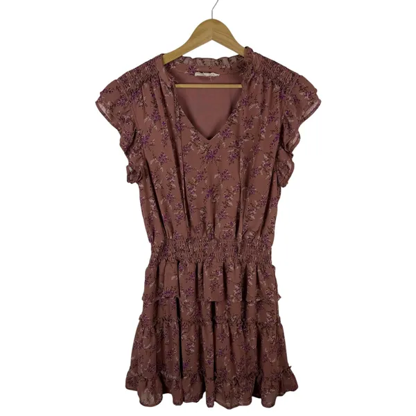 Entro Mauve Floral Smocked Mini Dress Tiered Cottage Boho Romantic Feminine - Image 3