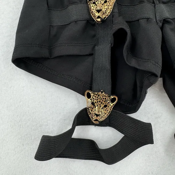 Y2K Black High Waist Shorts Women M Gold Leopard Garter Cage Clubwear Rave Party - Image 6