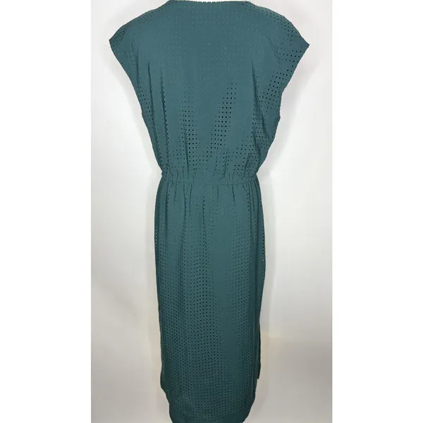 J.Crew‎ Teal Textured Perforated Midi Dress Elastic Waist Size 10 - Image 4