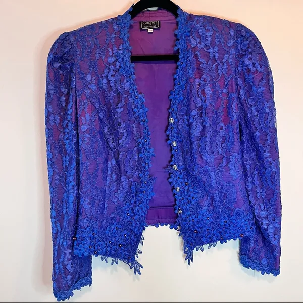 Vintage 80s Size 13/14 Cachet by Bari Protas Lace Embellished Victorian Jacket - Image 4