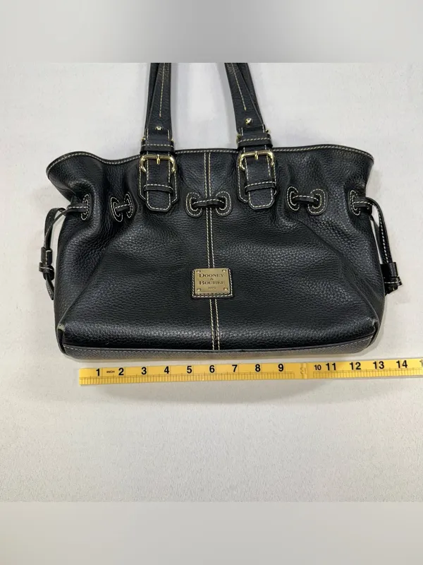 Dooney & Bourke Black Pebbled Leather Drawstring Satchel Bag Pink Gingham Lined - Image 10