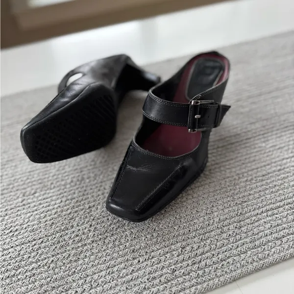 Vintage Merona Black Leather Silver Buckle Square Toe Maryjane Block Heels Shoes - Image 4