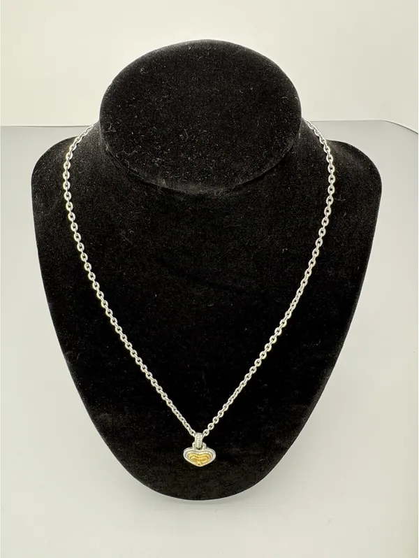 Silver Tone Round Link Chain Necklace Gold Tone Heart Charm Pendant Love - Image 4