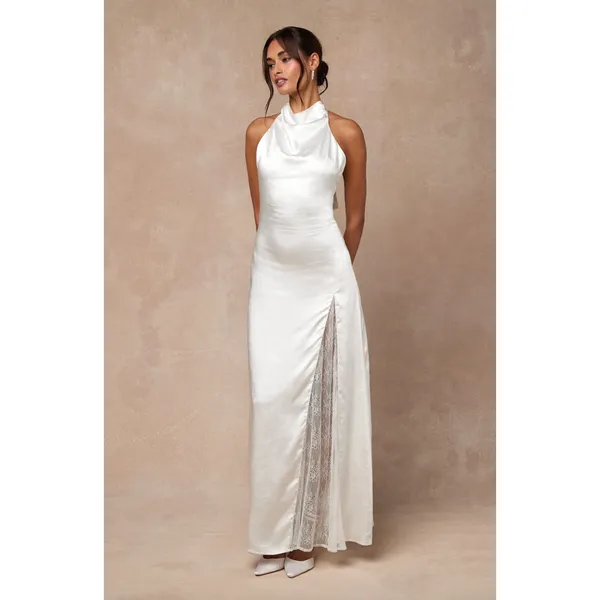 Lulus Concetta Ivory Satin Lace Halter Maxi Dress Wedding Bridal Small NWT - Image 2