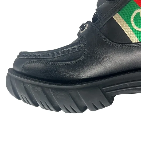 Gucci Romance‎ Web Stripe Lug Sole Leather Lace-Up Ankle Boot Black 38 - Image 11