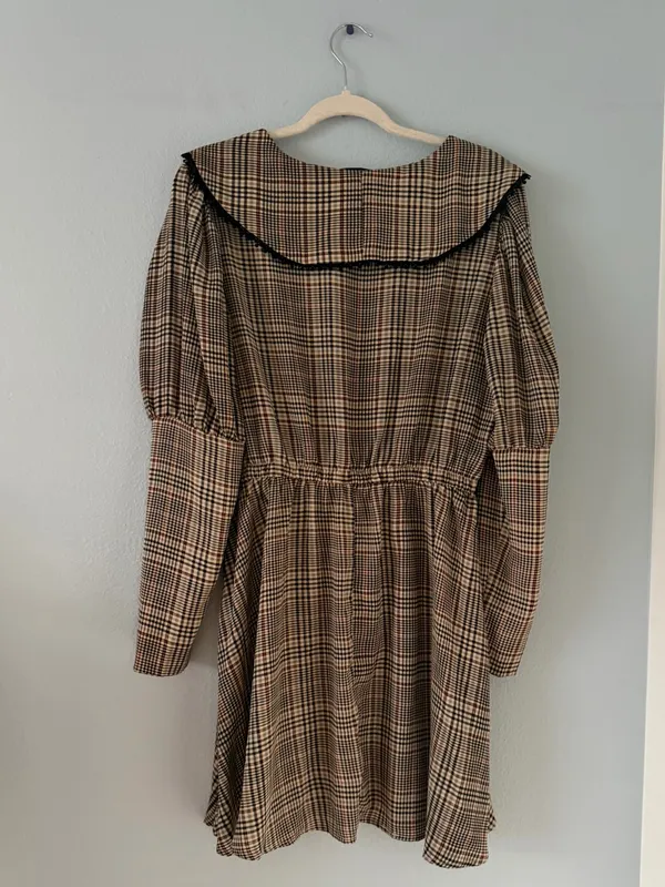 Plaid Mini Dress with Wide Sailor Collar - Brown Plaid - Image 6