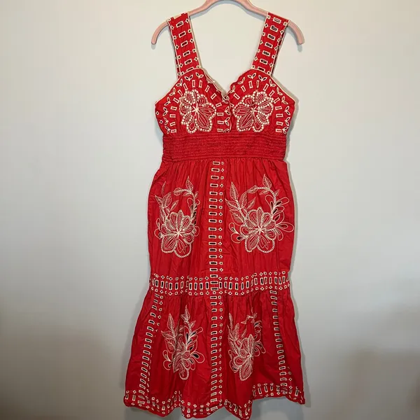 Rails Fawn Terracotta Embroidered Eyelet Midi Dress Red Orange Cotton Large - Image 2