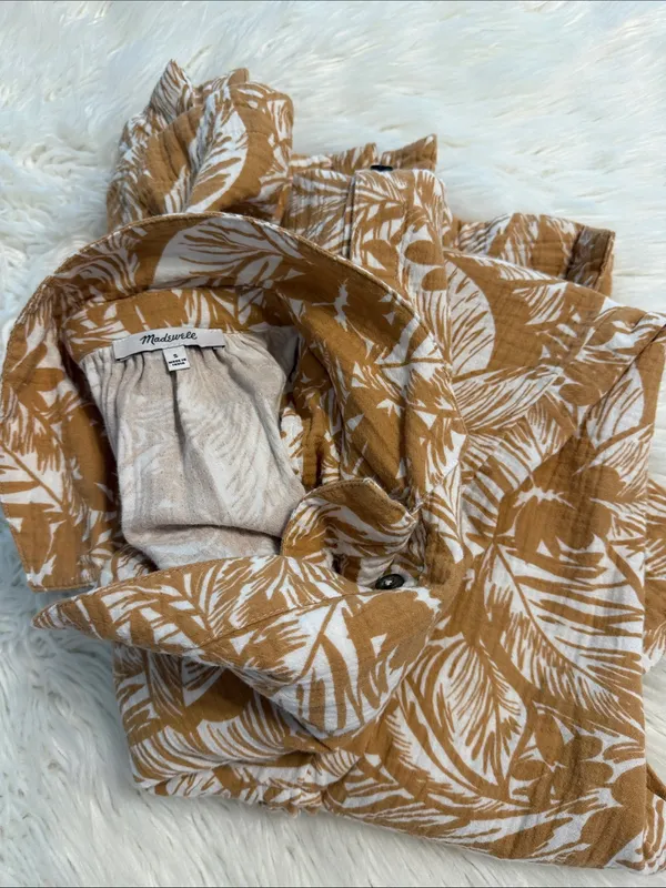 Madewell Women's Button-Front Leaf Print Midi Dress in Mustard size S - Image 8