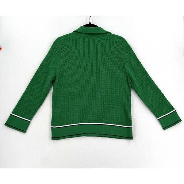 Tommy Hilfiger Women L Green Cable Knit Polo Sweater V Neck Preppy Quiet Luxury - Image 2