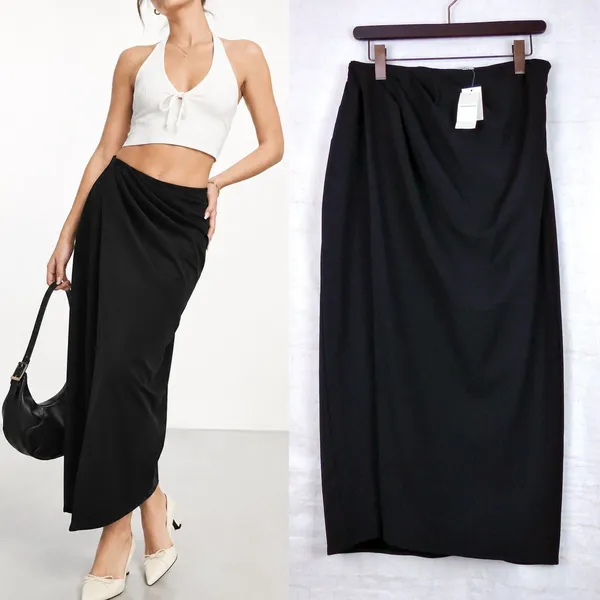 Abercrombie & Fitch Draped Front Maxi Skirt Womens M Black Faux Wrap Slit NWT - Image 2