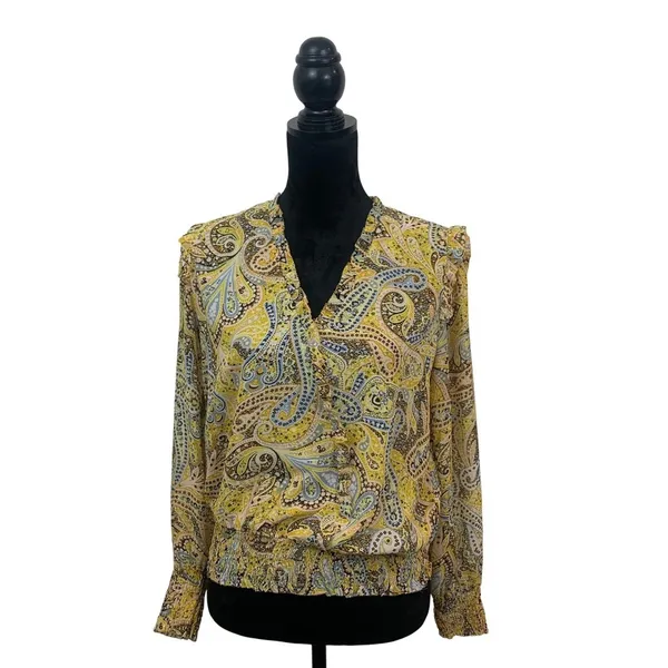 Ann Taylor Womens M Yellow Paisley Smocked Hem Wrap V-Neck Blouse Long Sleeve - Image 2