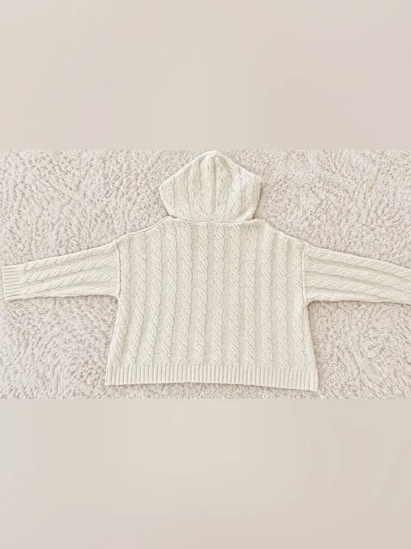 American Eagle Soft & Cozy Cable Knit Hoodie Sweater – Cream/Ivory – XL - Image 7