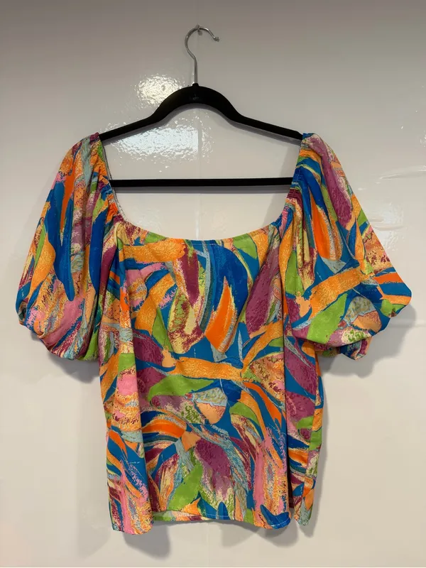 Bright Multi-Color Flying Tomato Scoop Neck Puff Sleeve Top - Image 3