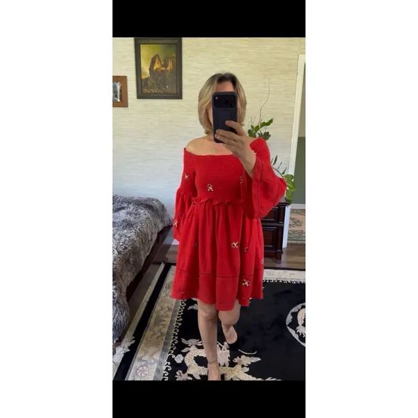 Free People Red Off Shoulder Embroidered Dress Size M - Image 9