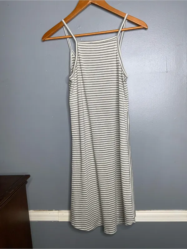 Angel Maternity Striped Spaghetti‑Strap Midi Dress in Gray and White Small - Image 5
